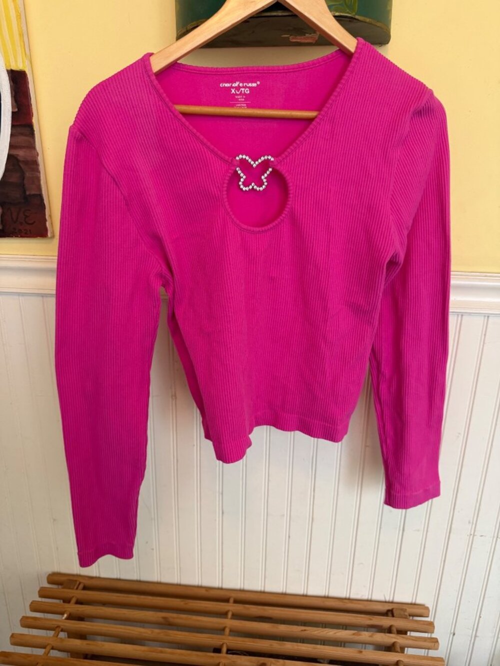 Hot Pink Long Sleeve Ribbed Knit Top W/ Rhinestone Butterfly Accent Size XL